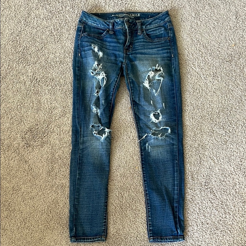 American Eagle Outfitters Dark Blue Distressed Skinny Jeans
